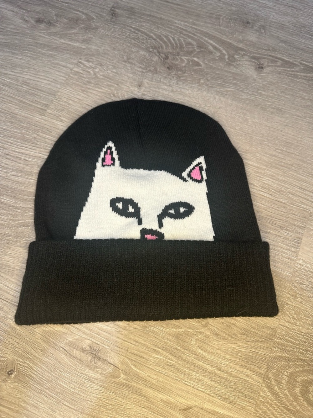 Ripndip Black Beanie with White Cat Face and Pink Accents